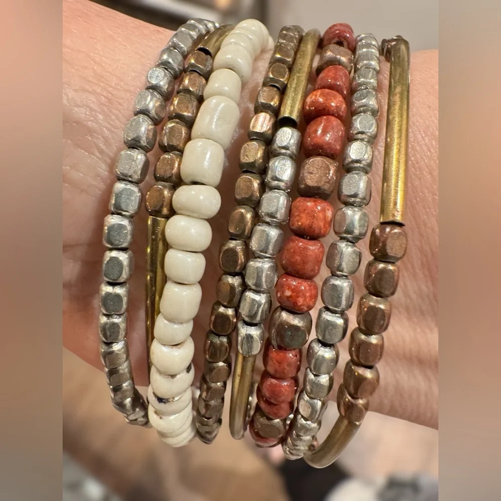 One Piece Continuous Beaded Multi-Row Earth Tone Bangle Bracelet